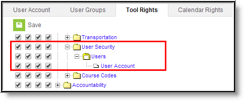 screenshot of the tool rights tab highlighting the user security tool rights. 