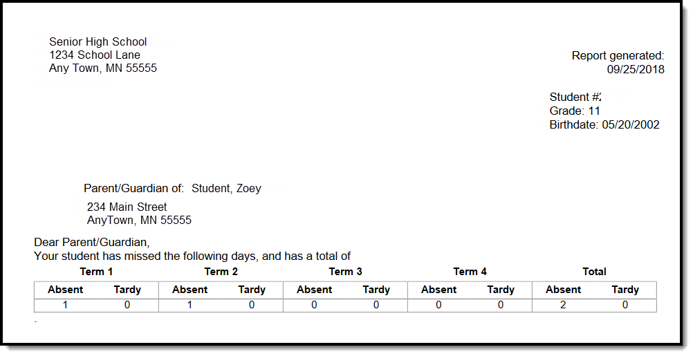 Screenshot of Whole/Half Day Absence Letter Print.