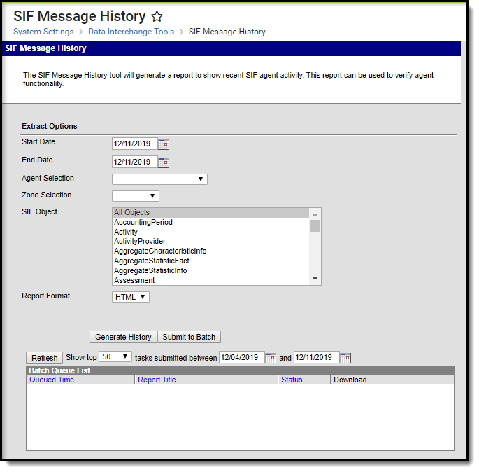Screenshot of SIF Message History.