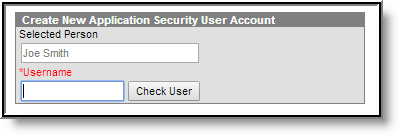 Screenshot of the Create New Application Security User Account section of the Security Manager tool.