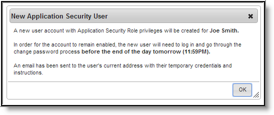 Screenshot of the confirmation message that reminds the new user to log in and change the password.