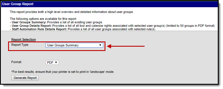 screenshot of the user group report highlighting the user groups summary report type.