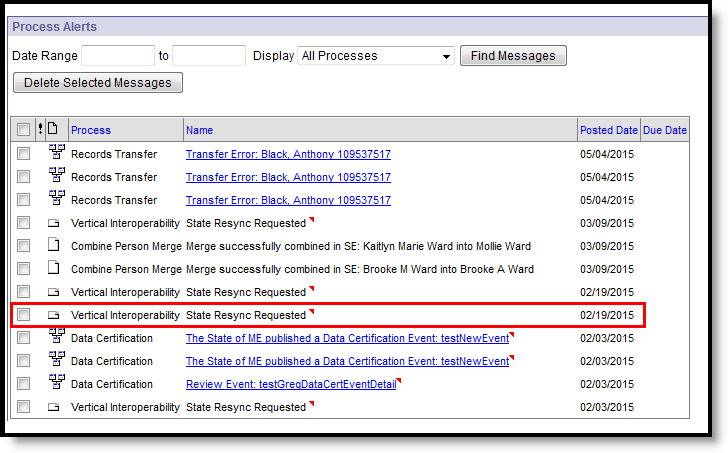 Screenshot of State-Initiated Resync Message in District Process Alerts