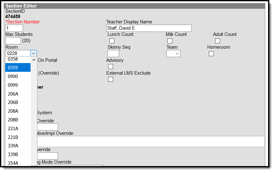 Screenshot of the Sections editor showing the Room field. 