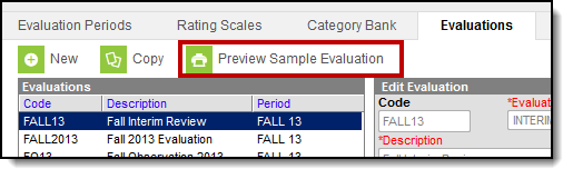Screenshot of the Evaluations tab. The Preview Sample Evaluation button is highlighted.