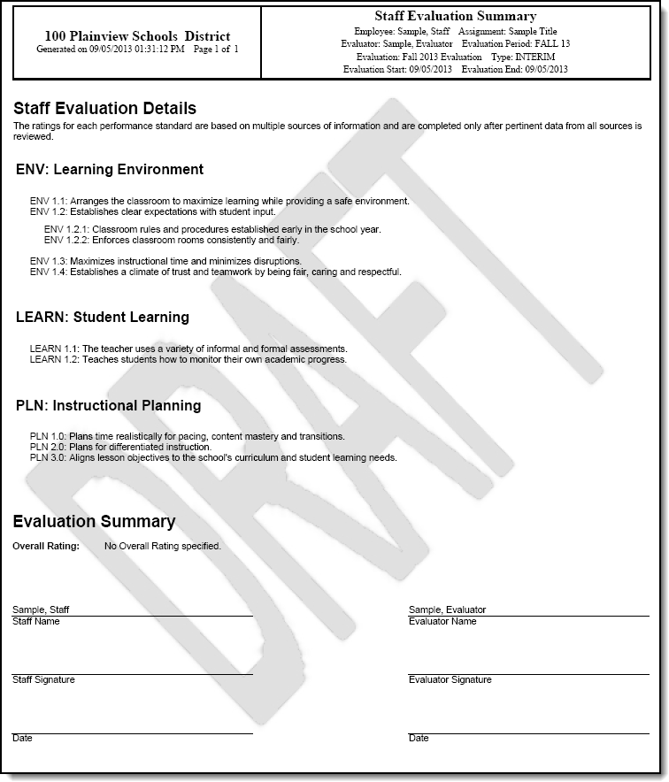 Screenshot of a staff evaluation in PDF format. 