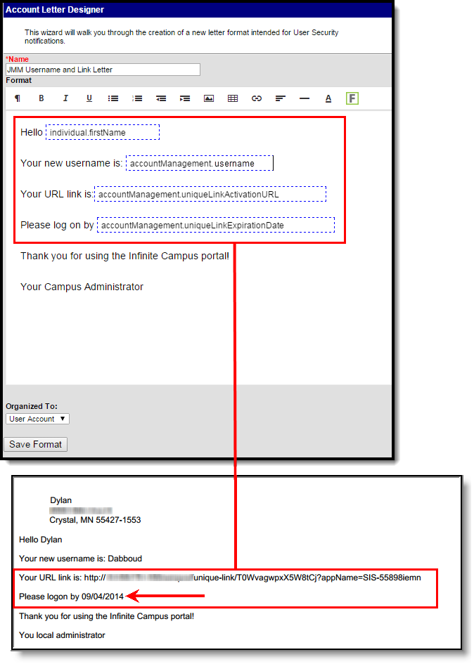 screenshot showing an example of activation letter