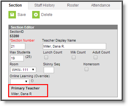 Screenshot of Primary Teacher for a Section.