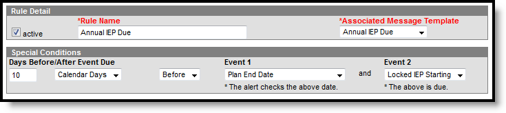 Screenshot of Process Alert for an Annual IEP Due Rule.