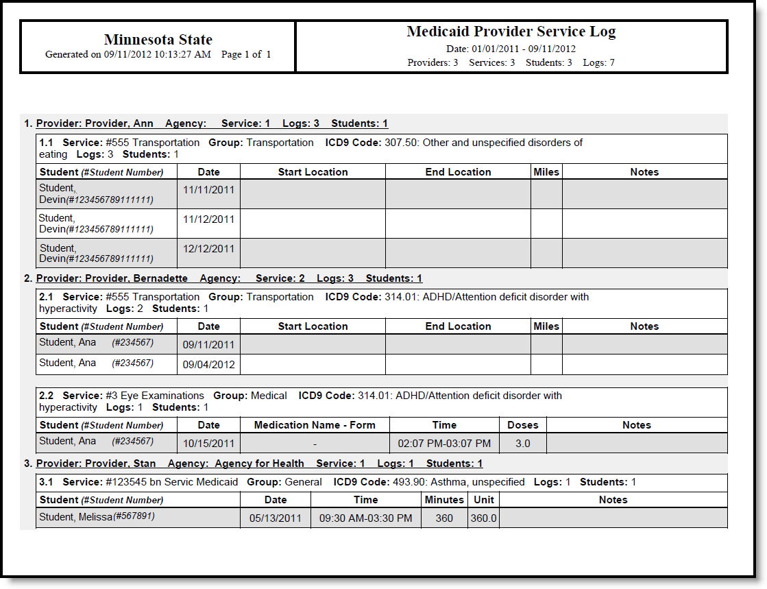 Screenshot of Provider Service Log Report in PDF Format.