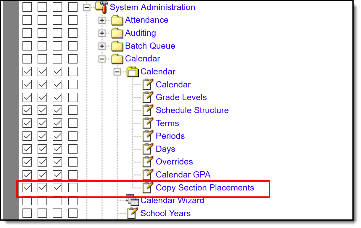 Screenshot of the Tool Rights tool with the Copy Section Placements rights highlighted.
