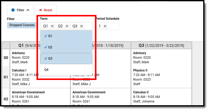 Screenshot of the term selection