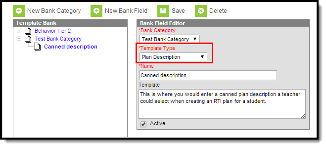 Screenshot of Bank Field Editor with Template Type highlighted.