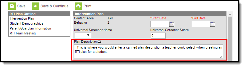 Screenshot of intervention plan showing what happens in Plan Description box when a template is selected.