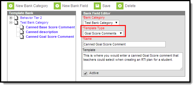 Screenshot of how to create a Goal Score Comment template.