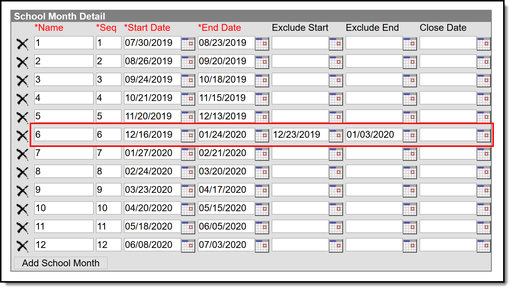 Screenshot of the School Month Detail editor with a callout around winter break, which has values in the Exclude Start and Exclude End date fields.