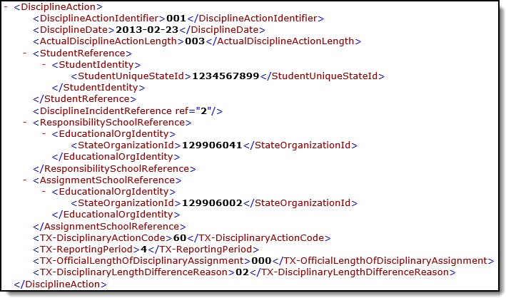 Example of the DisciplineAction extract in xml format.