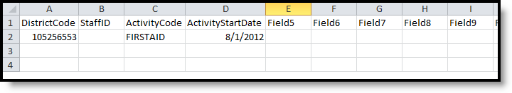 Screenshot of the Staff Development Template CSV format example.