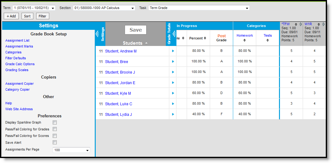 Screenshot of the Grade Book with the Settings menu expanded on the left and the student list, Grade totals, and assignment columns shown. 