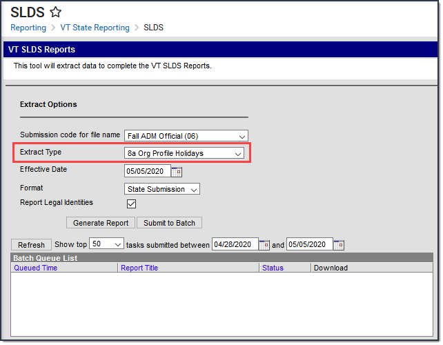 Screenshot of SLDS tool with Extract Type Org Profile Holidays selected.
