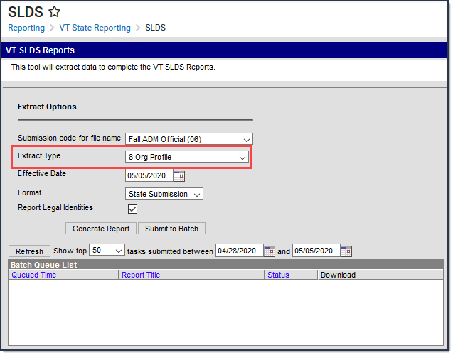 Screenshot of SLDS tool with Org Profile Extract Type selected.