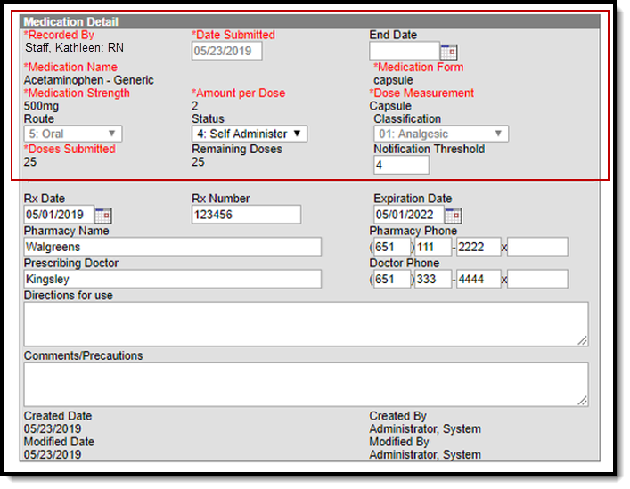 Screenshot of the medication detail with the medication entry fields highlighted.