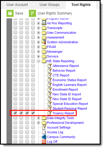 Screenshot of the Tool Rights screen highlighting the Truancy Report section.