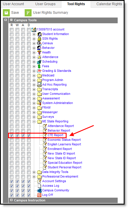 Screenshot of the Tool Rights Editor highlighting the CTE Report section.