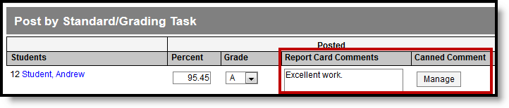 Screenshot highlighting the report card comments column in the post grades tool. 