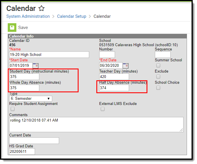Screenshot of the Calendar tool with callouts around Student, Whole, and Half Day Absence minutes. 