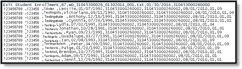 Screenshot of an example of the Exit Student Enrollment extract in State format (Comma Delimited).