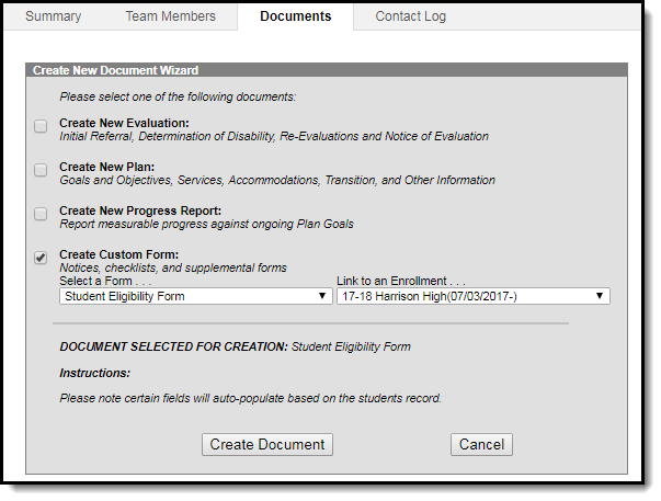 Screenshot example of creating a new custom document.