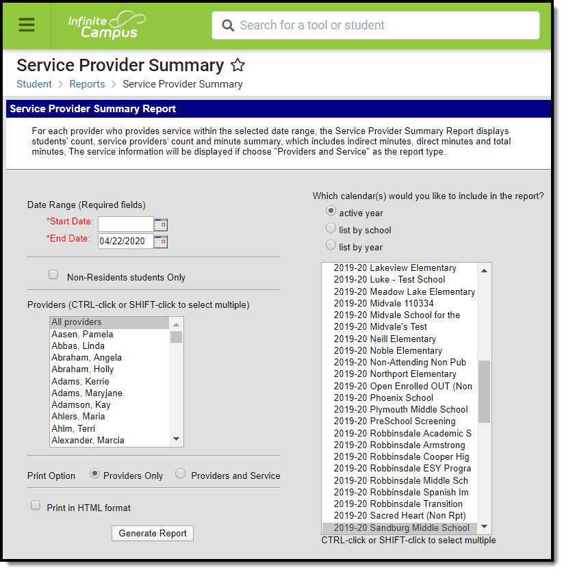 Screenshot of the Service Provider Summary tool.