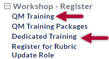 Shows the Workshop-Register menu with QM Training and Dedicated Training Indicated