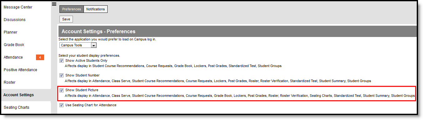 Screenshot of the Show Student Pictures option in Instruction Settings.