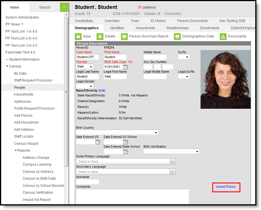 Screenshot highlighting the Upload Picture button on the Demographics tool. 