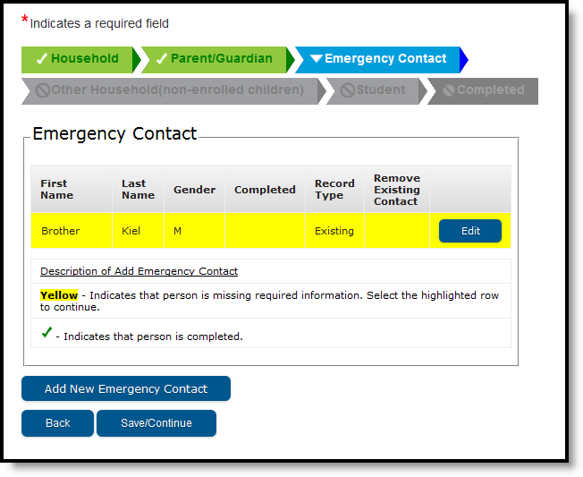 Screenshot of the Emergency Contact window showing an existing record.