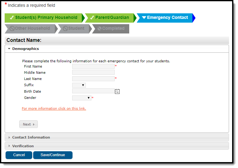 Screenshot of the Demographic fields when entering a new emergency contact.