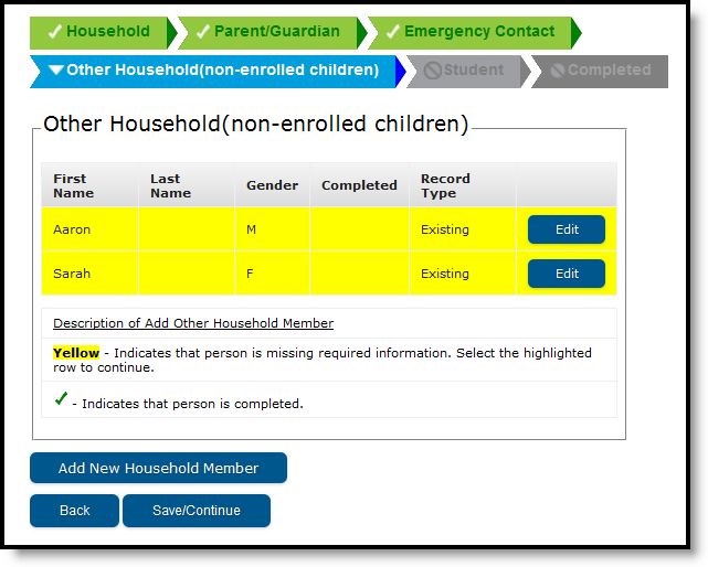 Screenshot of the Other Household Non-Enrolled Children tab that is displaying existing records.