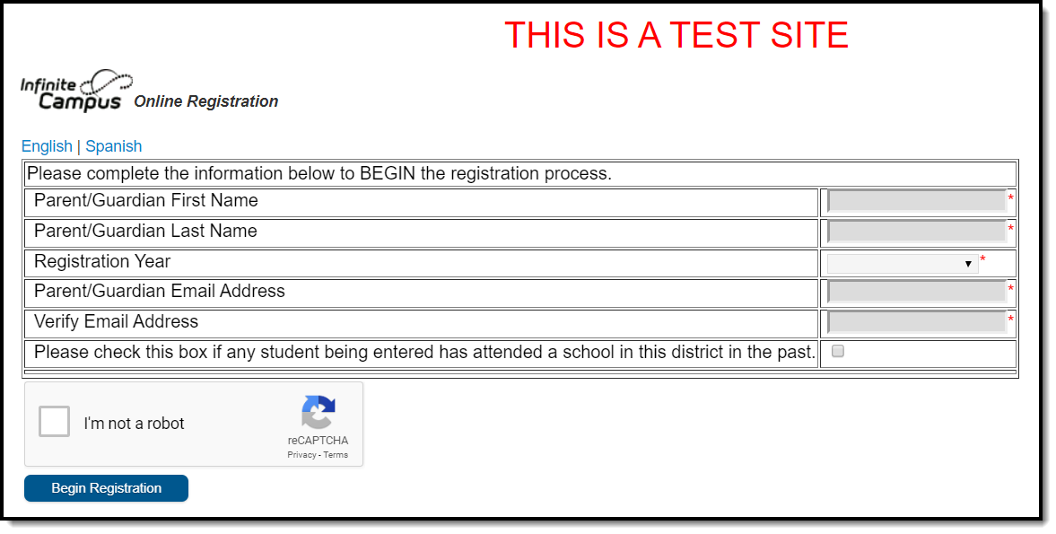 Image of the Online Registration Student Registration screen