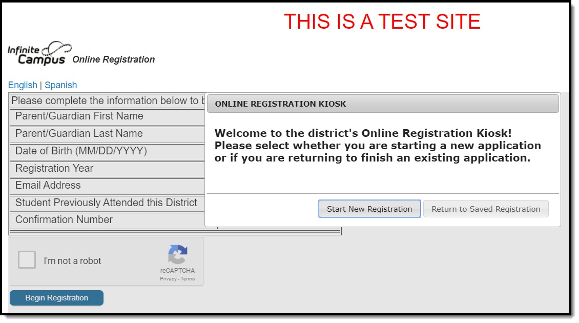 Image of Online Registration Student Kiosk screen