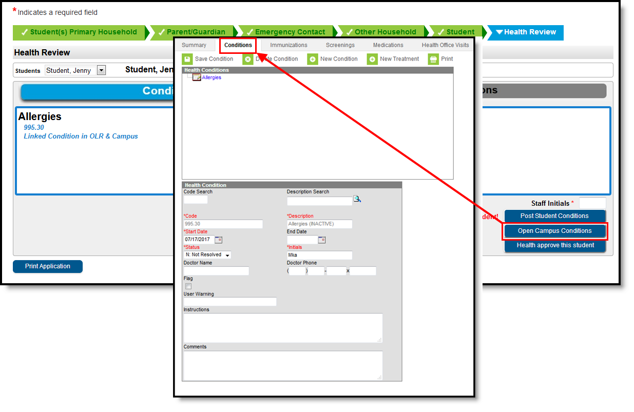 Two part screenshot of the health review and the conditions data entry screen.