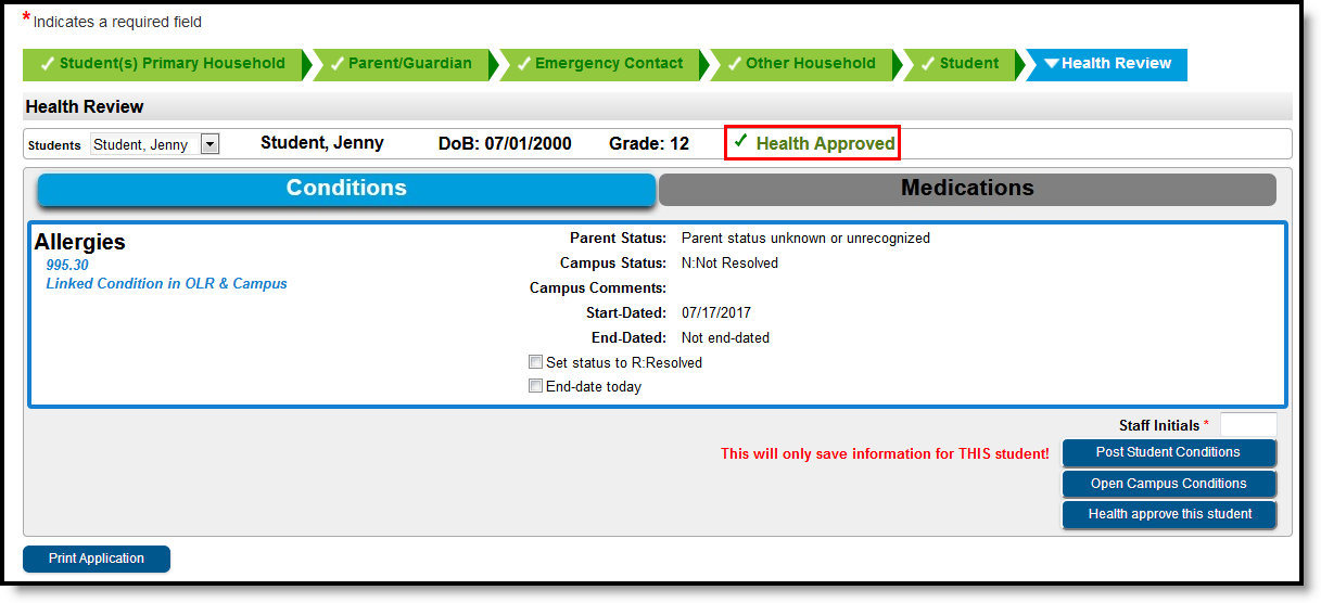 Screenshot of a student application health staff approval status.