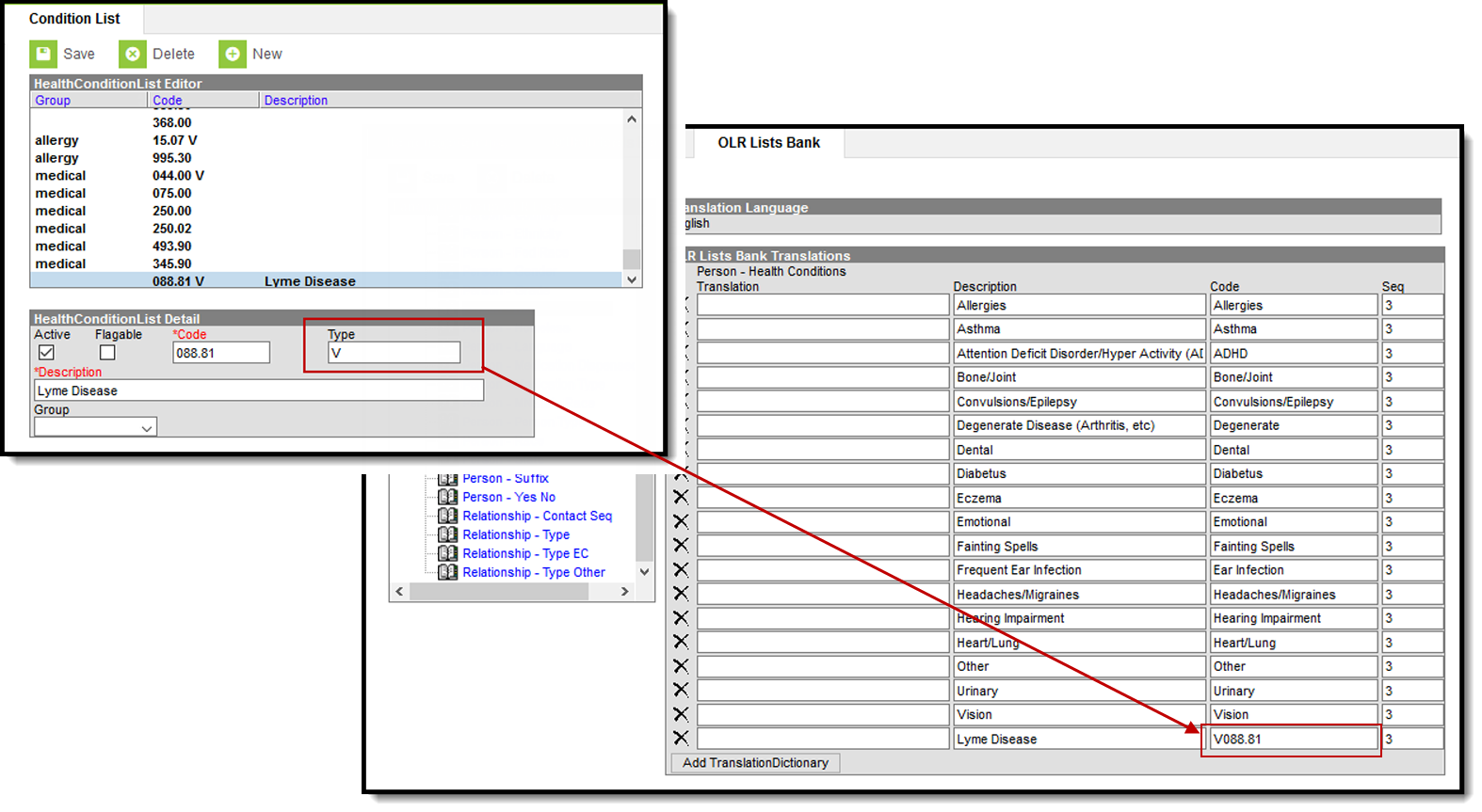 Screenshot of the Condition List Type OLR List Bank Setup tool.