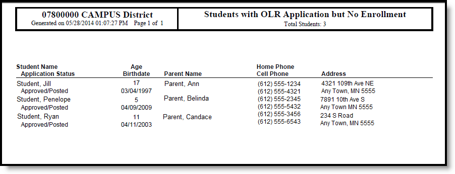 Screenshot of Students without OLR Applications Print View