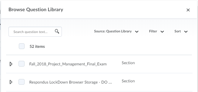 Shows the Browse Question Library screen.