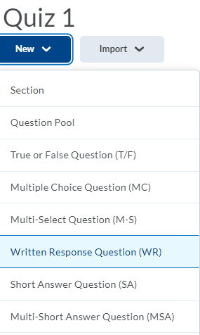 Shows Written Response (WR) question type in the New menu