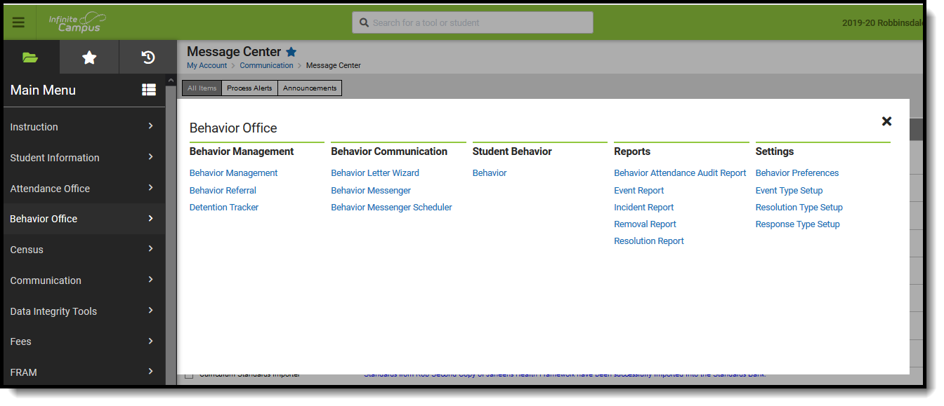 Screenshot of the tools used in the Behavior Office module.