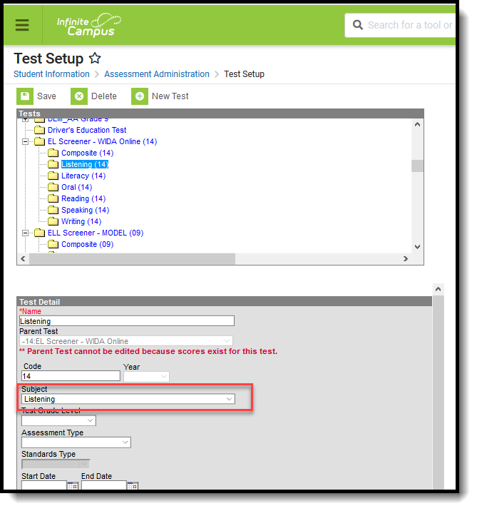 Screenshot of the Test Setup highlighting the Subject field.