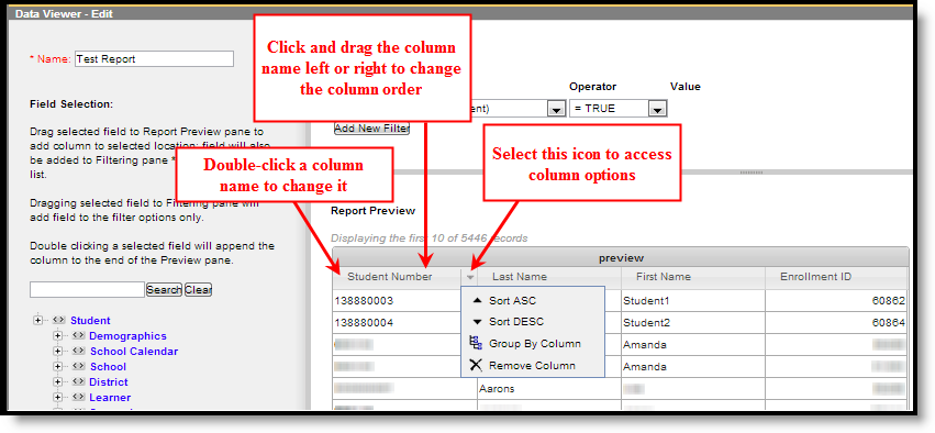 screenshot describing each column options available